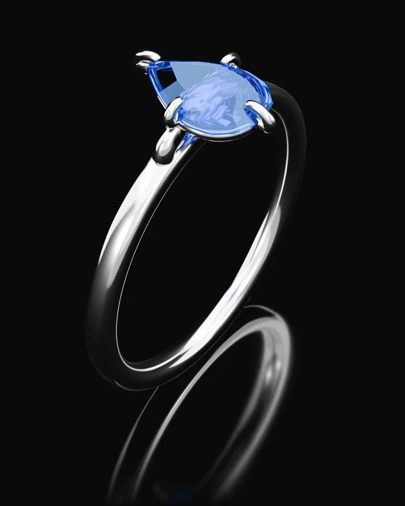 The Pear: a blue sapphire, pear cut, in a platinum four claw setting