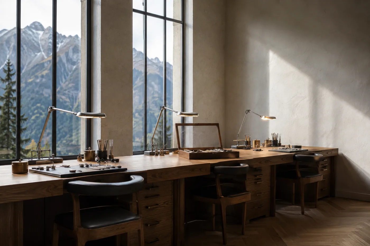 The AZURITE atelier: a long oak bench under tall windows, three lamps, mountains beyond the glass