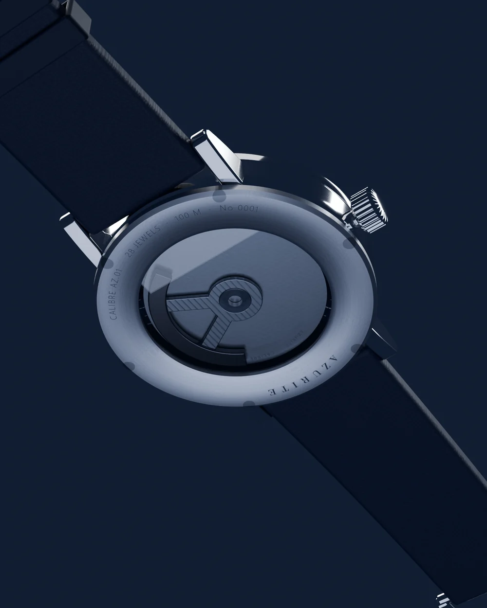 The exhibition caseback of the AZURITE watch, the rotor visible through the sapphire