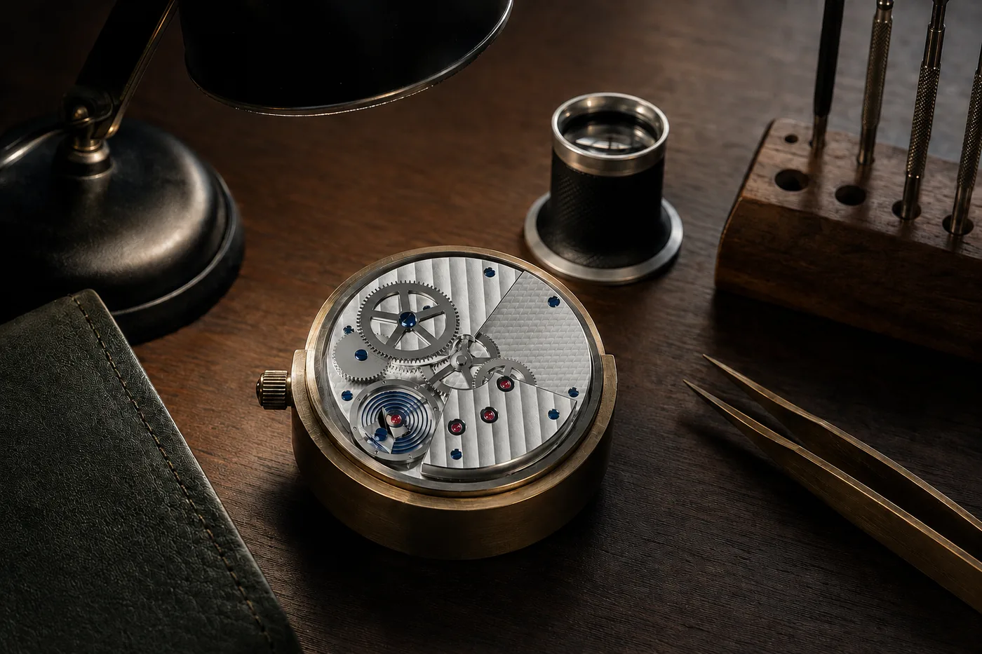 A watchmaker's bench: a movement in its holder, a loupe, brass tweezers, a screwdriver set in walnut