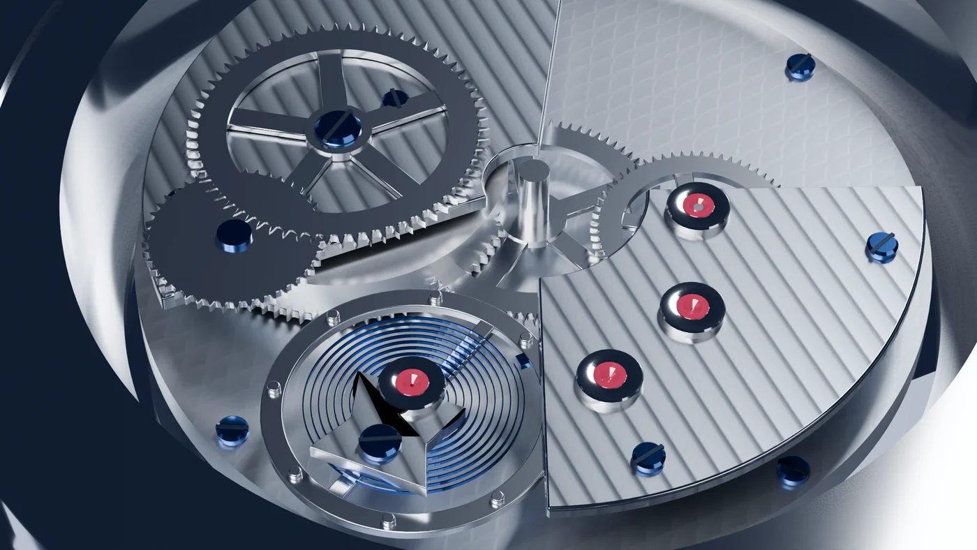 Macro of the calibre's bridges: Geneva stripes, a blued screw, a ruby in its polished countersink, the balance and hairspring