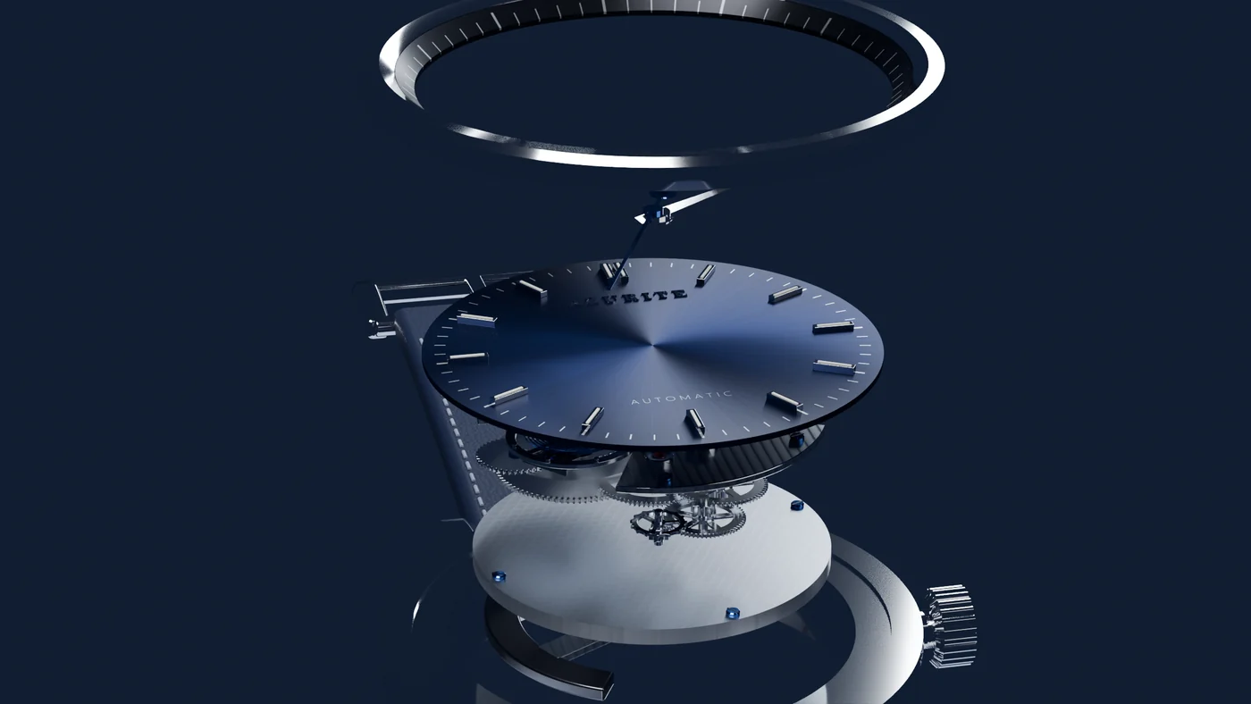 The AZURITE watch taken apart along its axis: crystal, bezel, hands, dial, movement, case and caseback floating in order