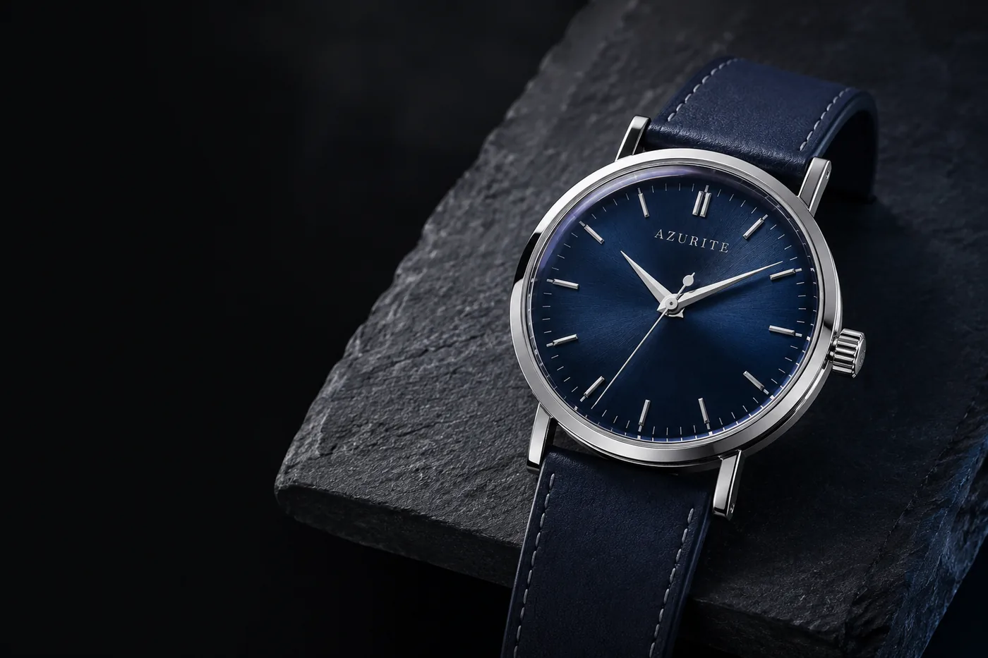 AZURITE Fathom lying on a slab of dark slate, the dial lit from the upper left