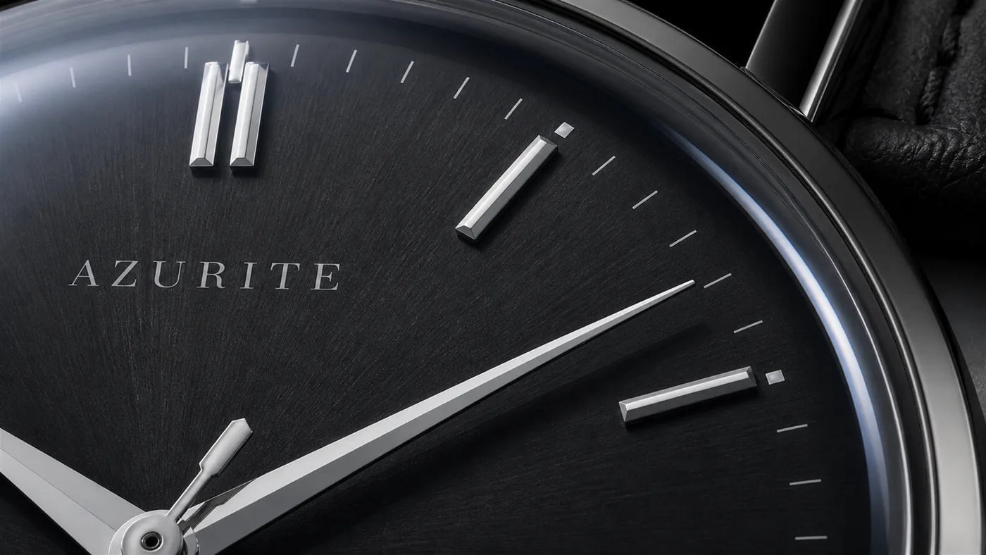 Macro of the Umbra dial between twelve and three: polished indices on black sunburst and the AZURITE wordmark
