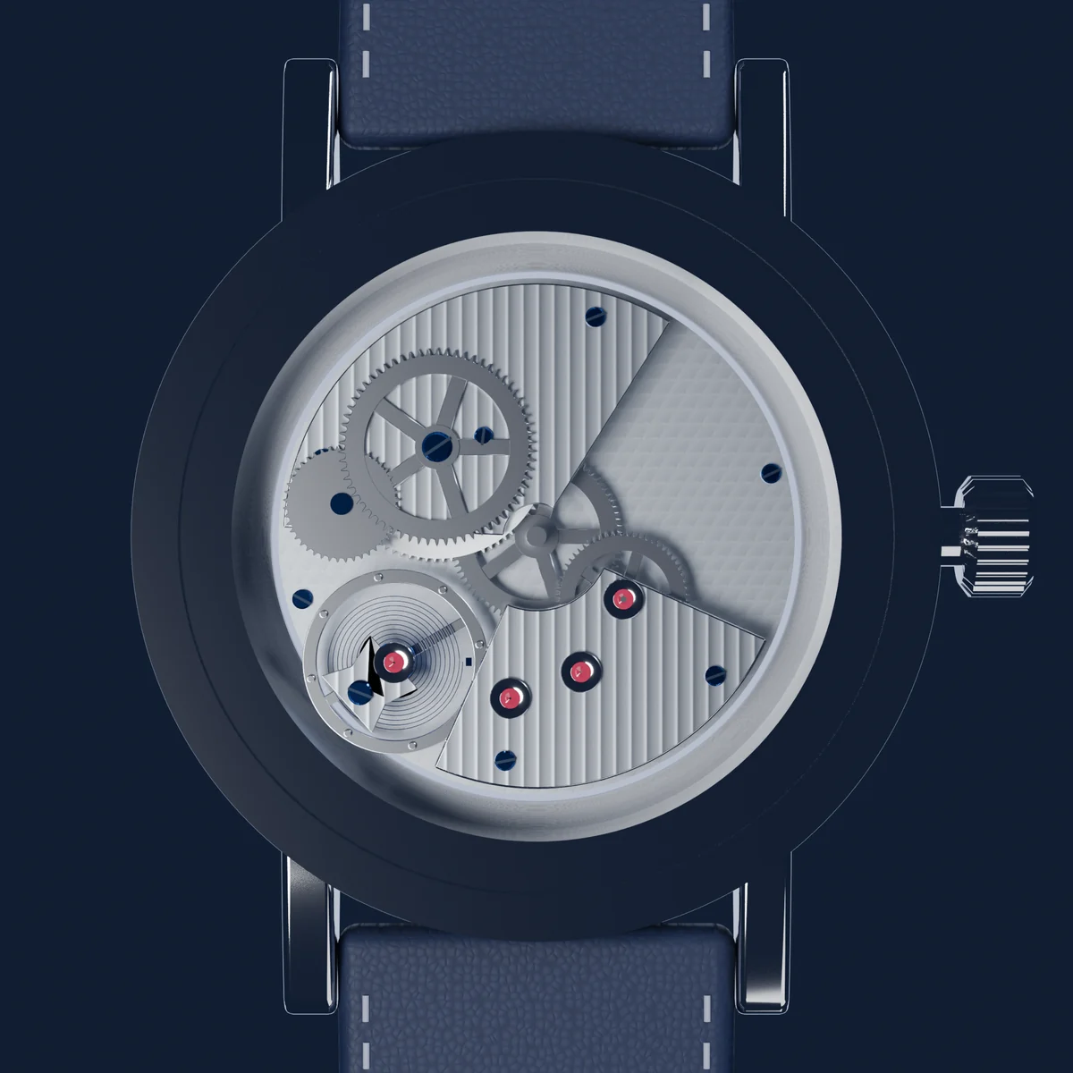 Plan view of calibre AZ.01 from the dial side: the bridges, the barrel, the train, the balance and its hairspring