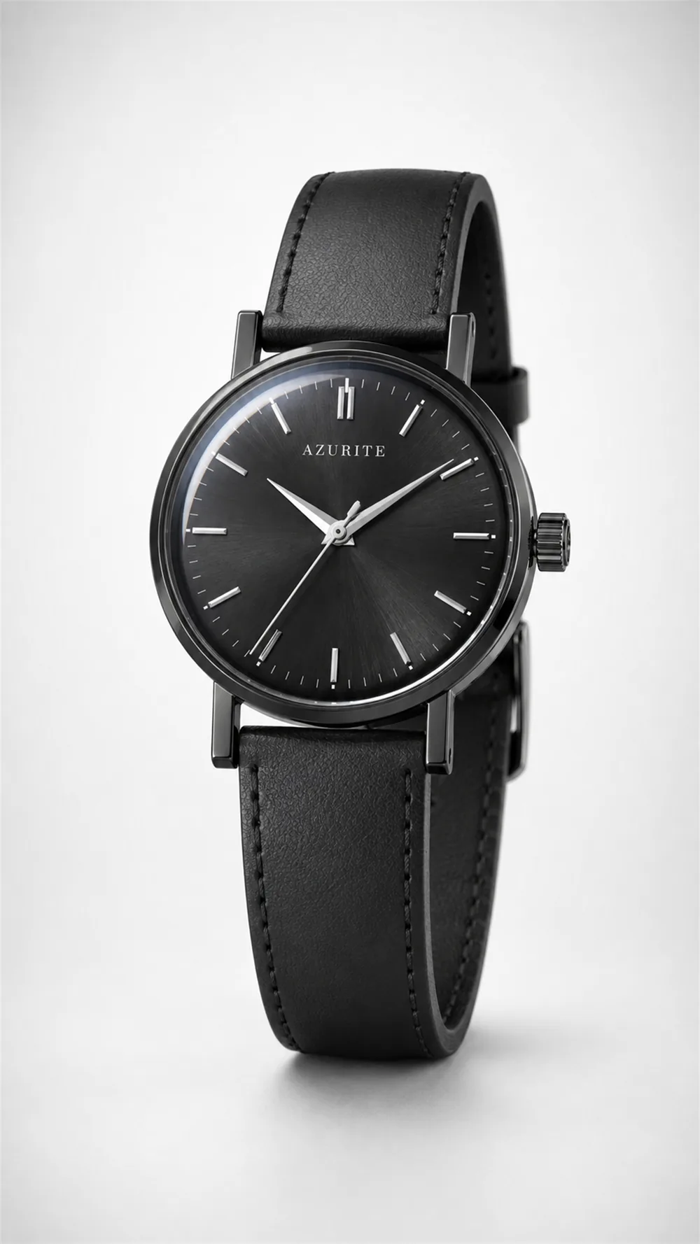AZURITE Umbra: black sunburst dial, black-coated steel case, black calf strap, standing upright on a pale ground