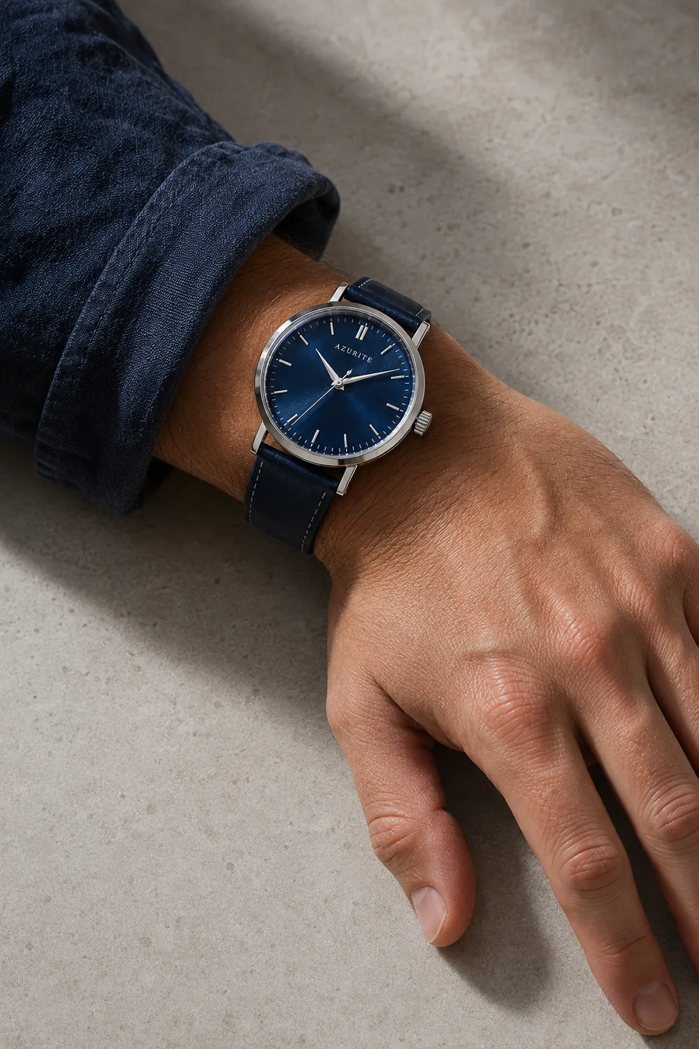 The Fathom on a wrist, the cuff of a navy linen shirt pushed back