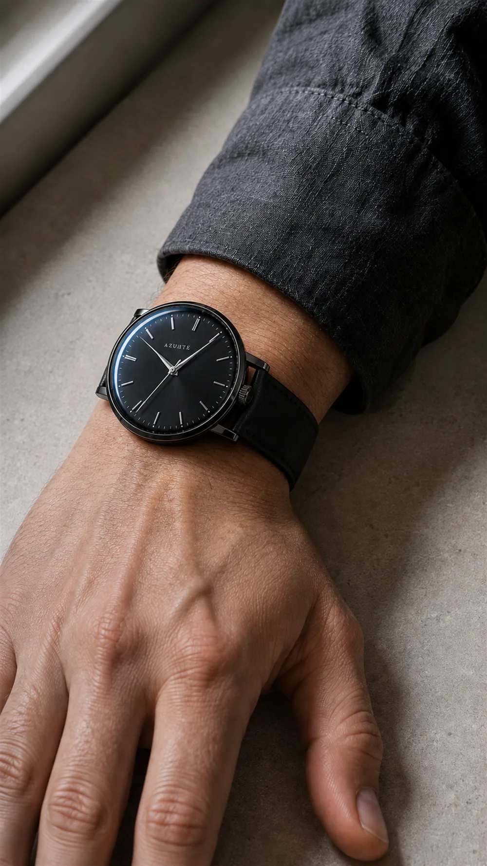 The Umbra on a wrist, the cuff of a charcoal linen shirt pushed back