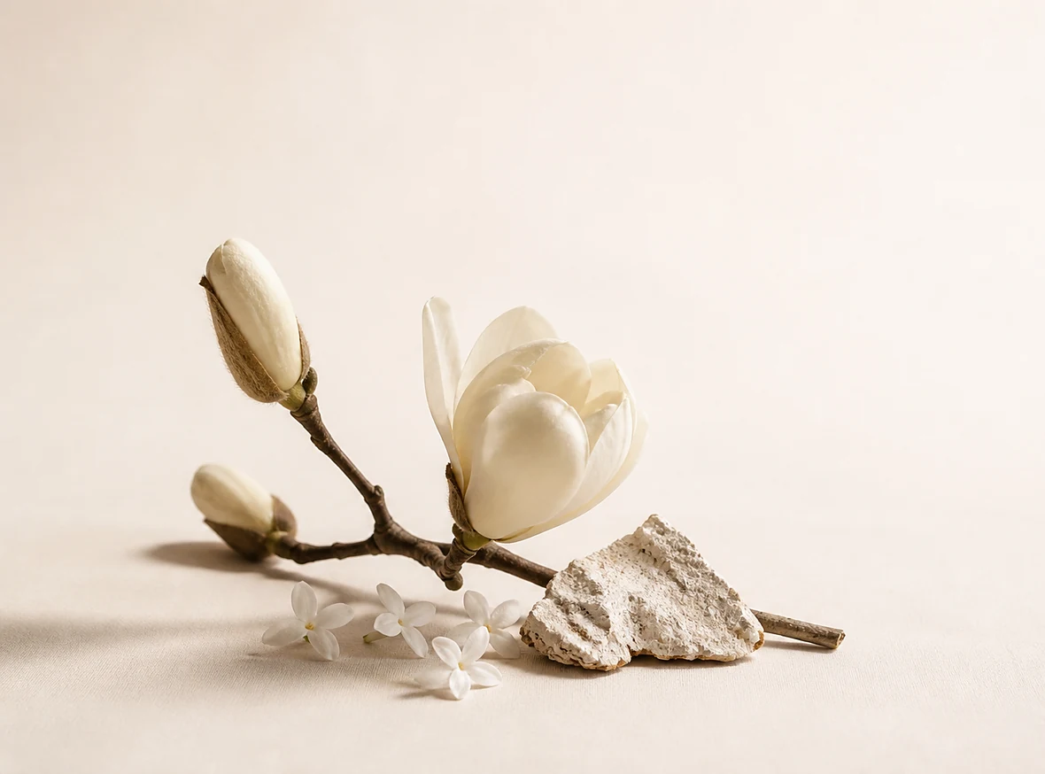 A magnolia branch in bud beside jasmine flowers and a piece of orris root.