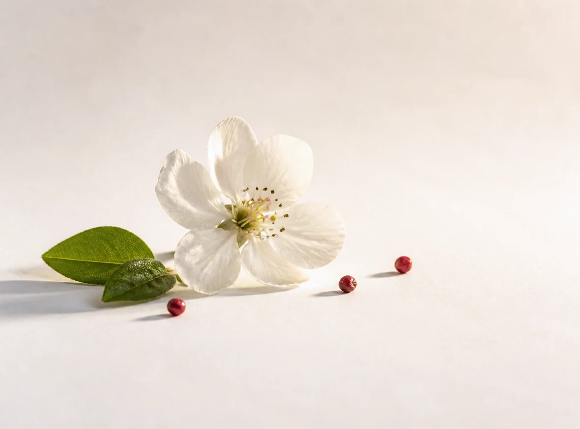 A pale pear blossom on cream, with bergamot leaves and pink peppercorns.
